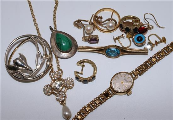 Three pairs of earrings, various, sundry costume jewellery & watch etc.